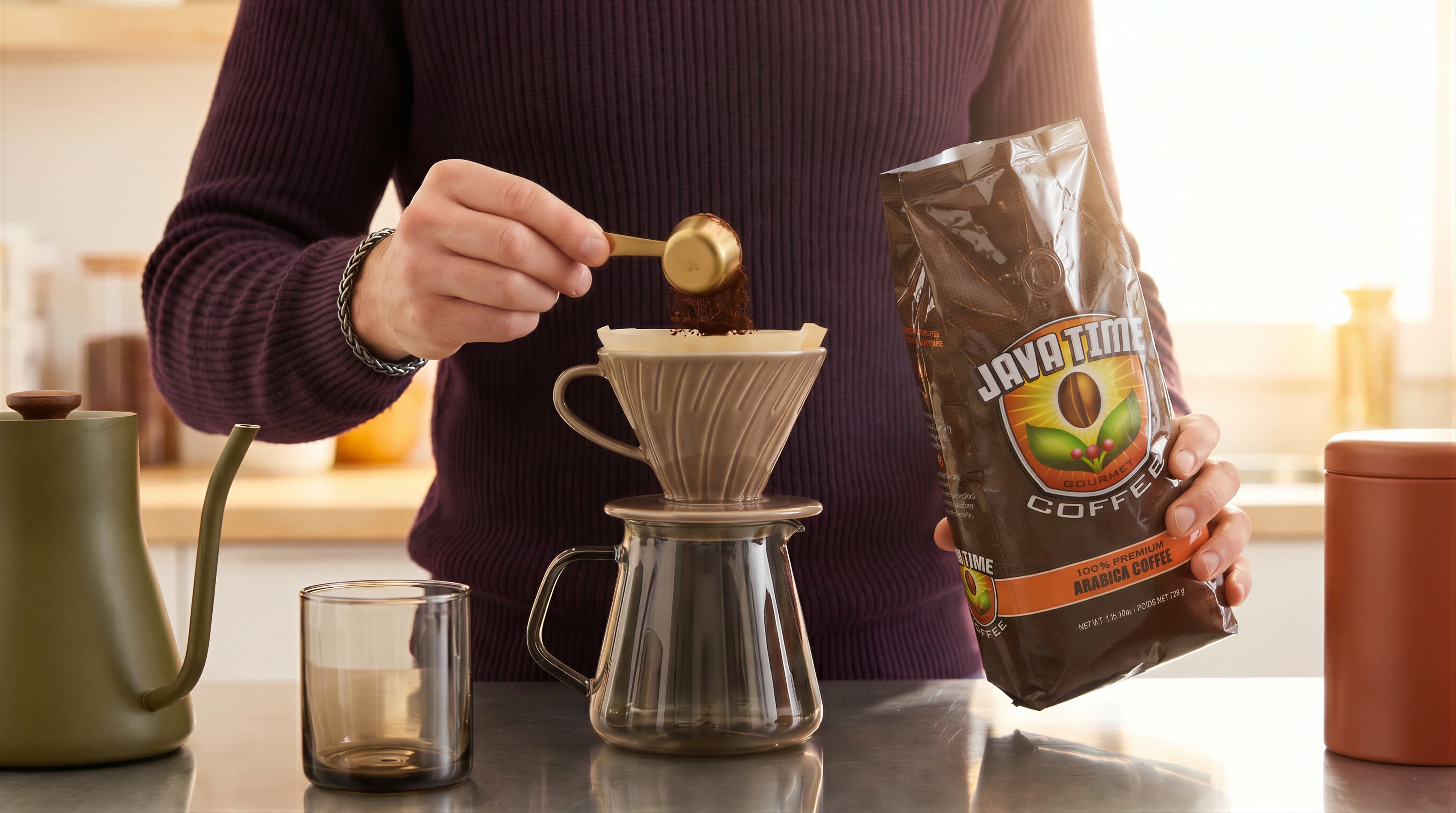 A person holding a bag of Java Time coffee while brewing a pour-over