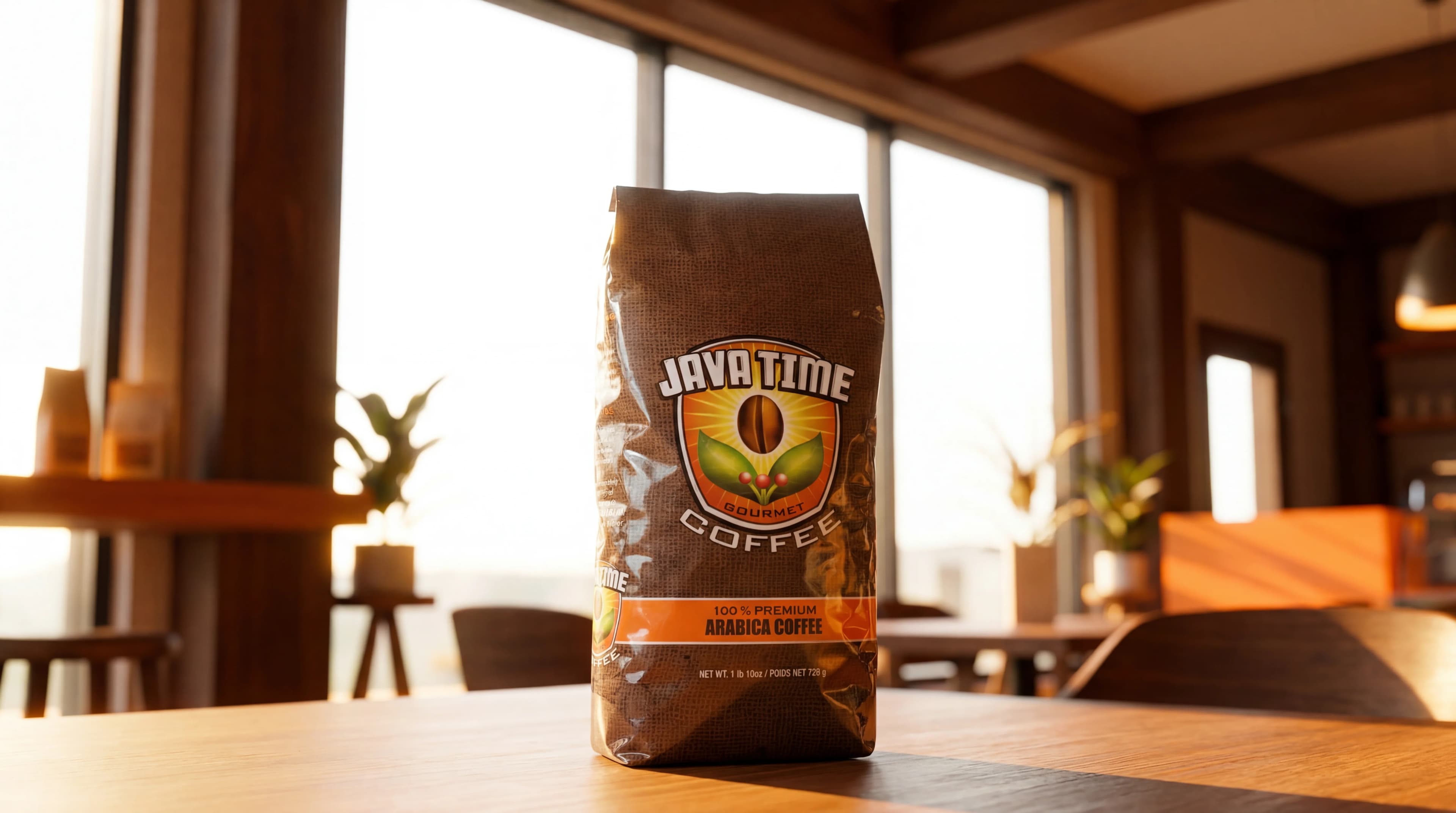 A bag of Java Time Gourmet Coffee glowing in warm window light
