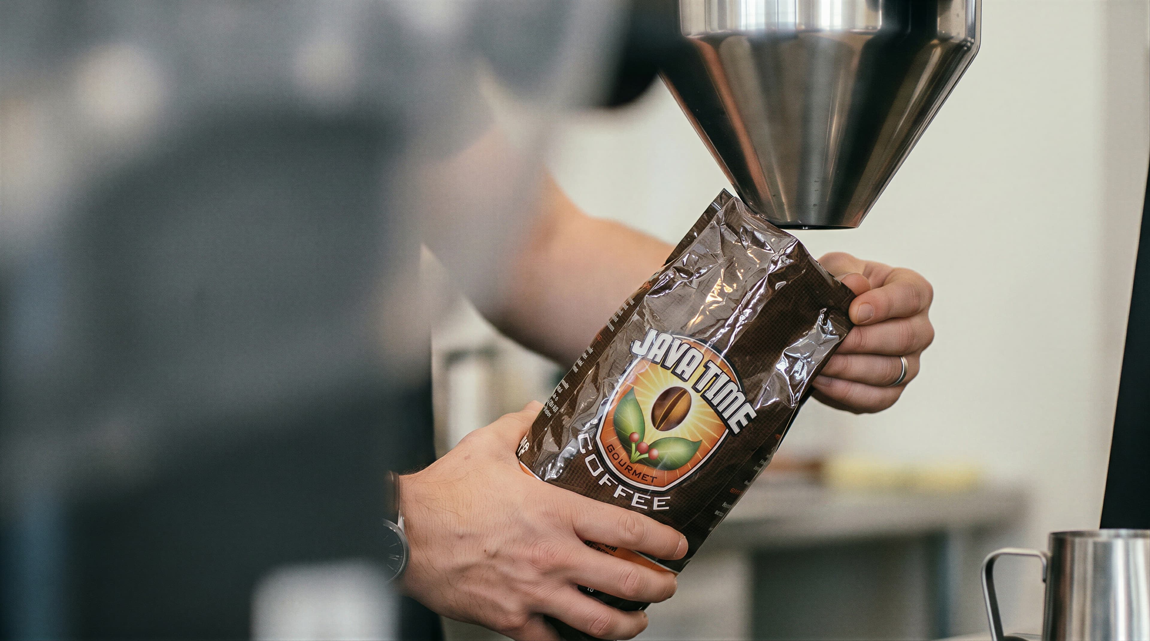 A bag of Java Time coffee on a bright modern kitchen counter