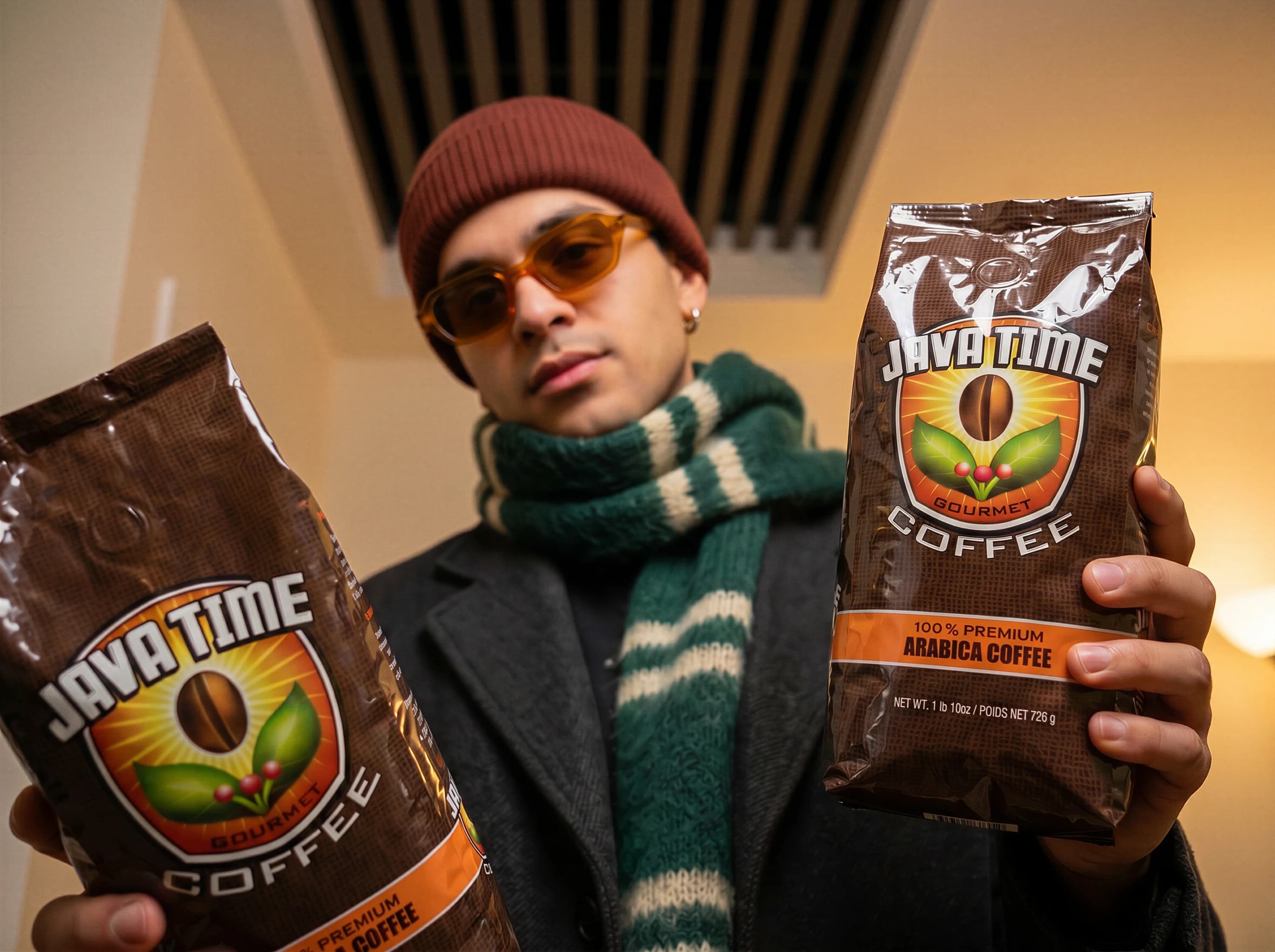 A customer holding a bag of Java Time coffee